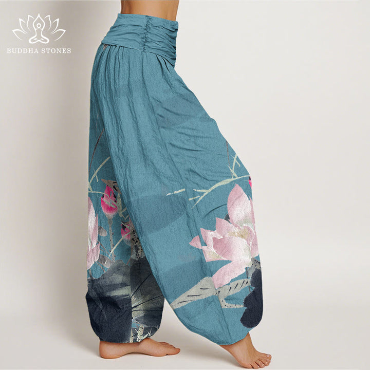 Pantalon harem à taille élastique pour femme, en coton rose à motif de feuilles de lotus et d'oiseaux, avec Buddha Stones - image 5