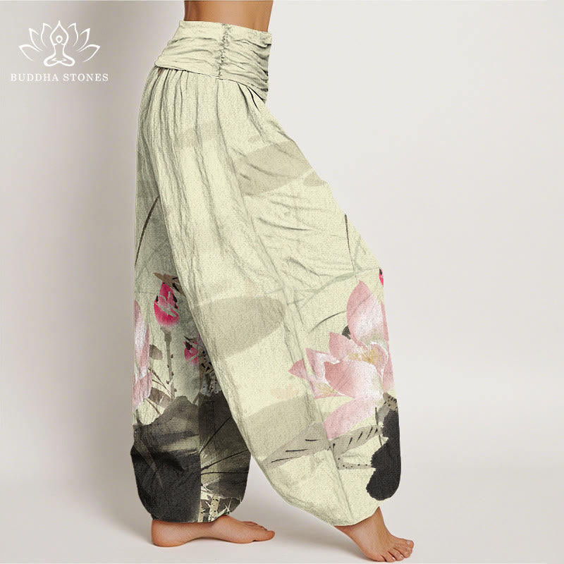 Pantalon harem à taille élastique pour femme, en coton rose à motif de feuilles de lotus et d'oiseaux, avec Buddha Stones - image 1