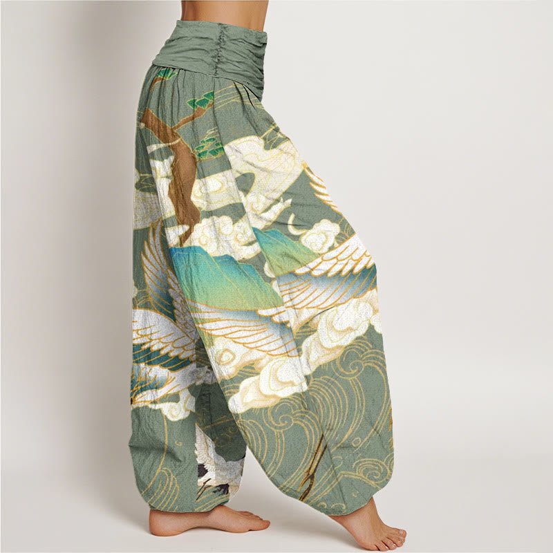 Pantalon harem à taille élastique pour femme, orné de Buddha Stones , de grues volantes en coton et de nuages ​​de bon augure. - image 5