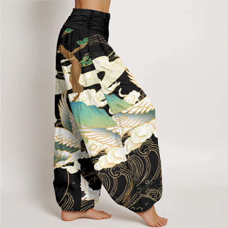 Pantalon harem à taille élastique pour femme, orné de Buddha Stones , de grues volantes en coton et de nuages ​​de bon augure. - image 1