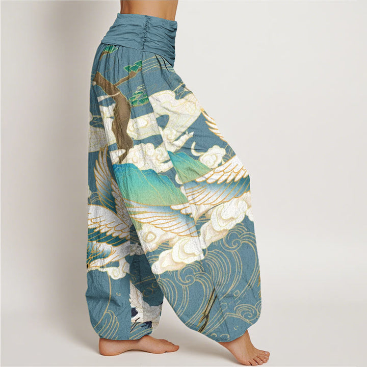 Pantalon harem à taille élastique pour femme, orné de Buddha Stones , de grues volantes en coton et de nuages ​​de bon augure. - image 8