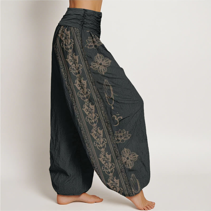 Pantalon harem à taille élastique pour femme, orné de Buddha Stones, de fleurs de lotus en coton et de motifs double Dorje Vajra Namaste Om. - image 2