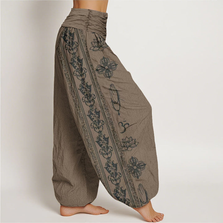 Pantalon harem à taille élastique pour femme, orné de Buddha Stones, de fleurs de lotus en coton et de motifs double Dorje Vajra Namaste Om. - image 9