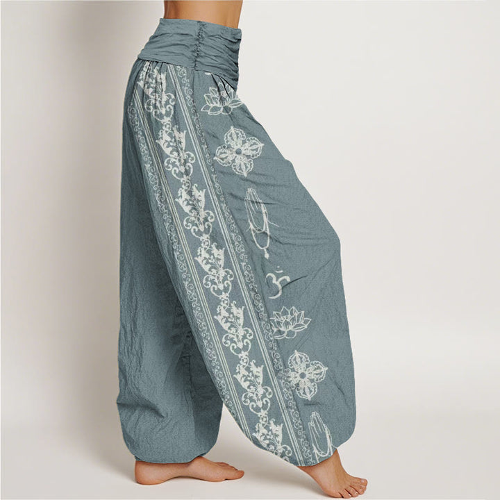 Pantalon harem à taille élastique pour femme, orné de Buddha Stones, de fleurs de lotus en coton et de motifs double Dorje Vajra Namaste Om. - image 6