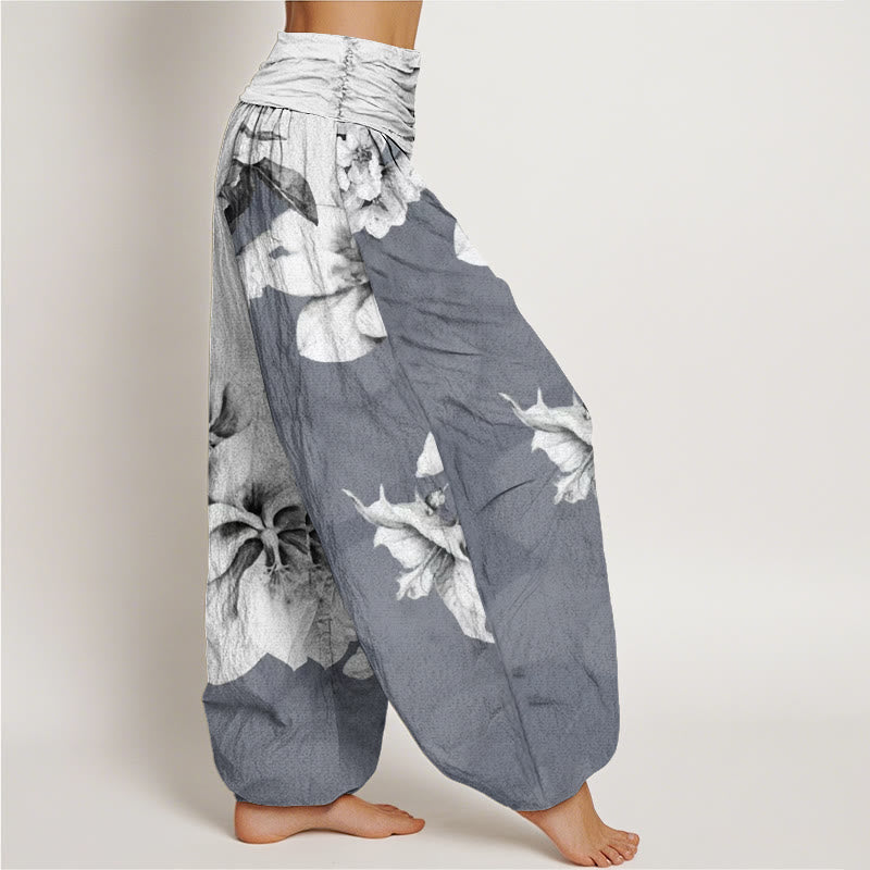 Pantalon harem à taille élastique en coton à motif camélia et Buddha Stones - image 6