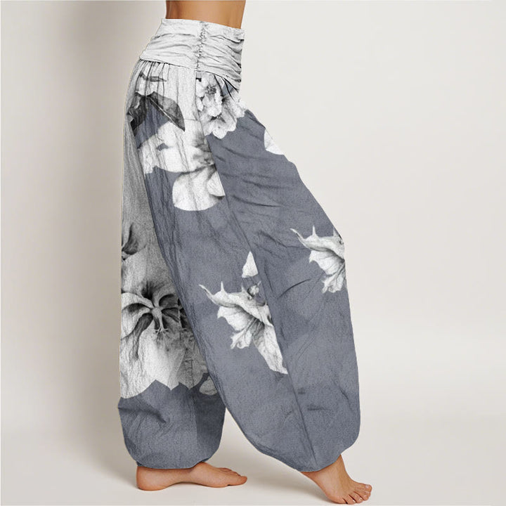 Pantalon harem à taille élastique en coton à motif camélia et Buddha Stones - image 6