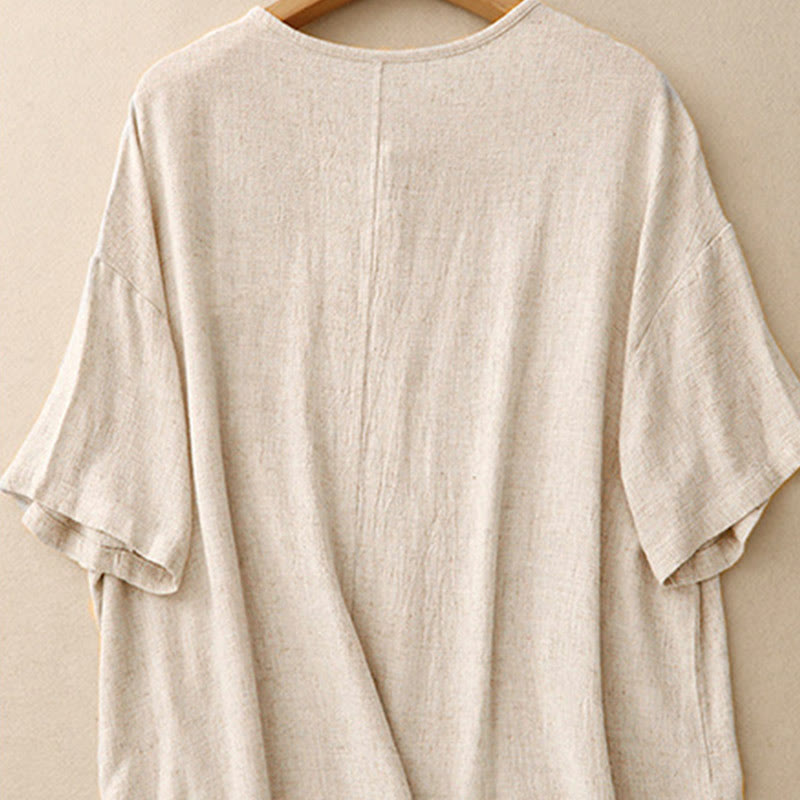 Chemise femme en coton et lin à manches mi-longues et poches, motif Buddha Stones, avec fente latérale et boutons grenouille - image 2