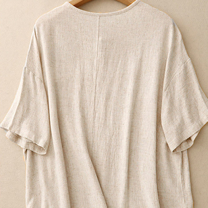 Chemise femme en coton et lin à manches mi-longues et poches, motif Buddha Stones, avec fente latérale et boutons grenouille - image 2