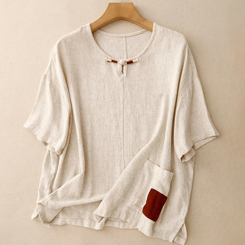 Chemise femme en coton et lin à manches mi-longues et poches, motif Buddha Stones, avec fente latérale et boutons grenouille - Blanc antique - US14，UK/AU18，EU46 (2XL) - image 0