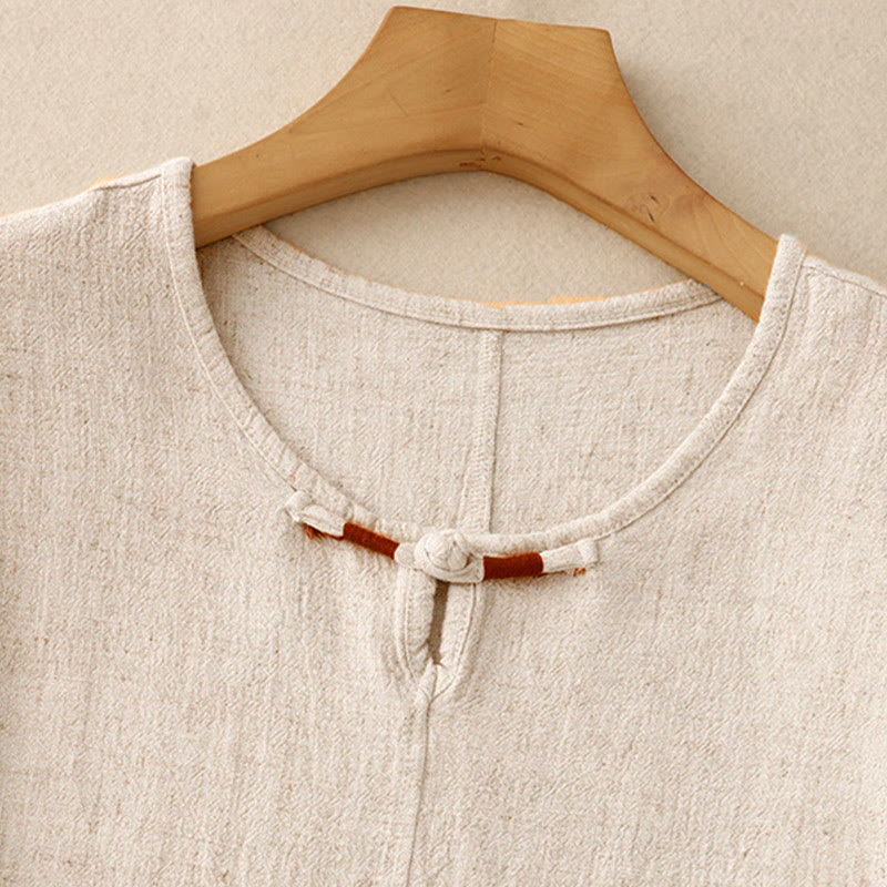 Chemise femme en coton et lin à manches mi-longues et poches, motif Buddha Stones, avec fente latérale et boutons grenouille - image 1