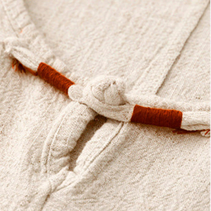 Chemise femme en coton et lin à manches mi-longues et poches, motif Buddha Stones, avec fente latérale et boutons grenouille - image 4