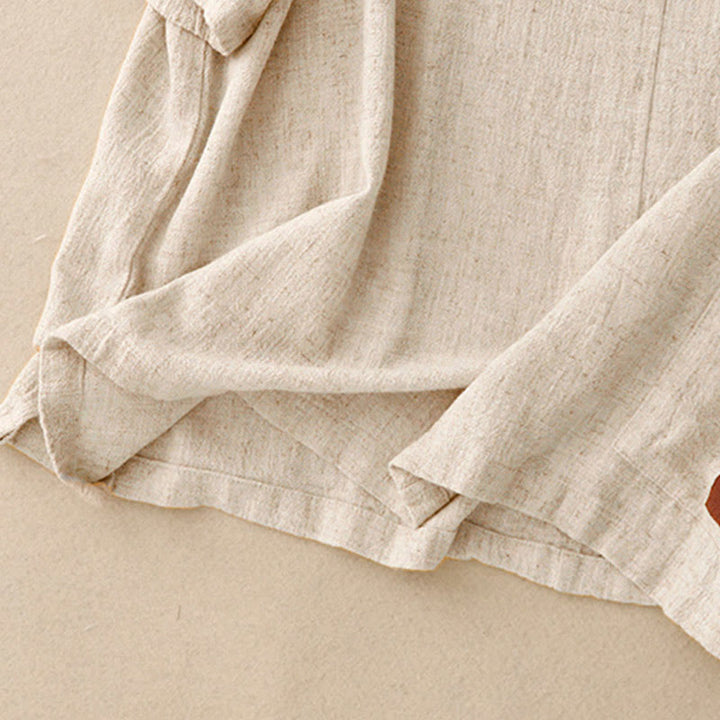 Chemise femme en coton et lin à manches mi-longues et poches, motif Buddha Stones, avec fente latérale et boutons grenouille - image 6