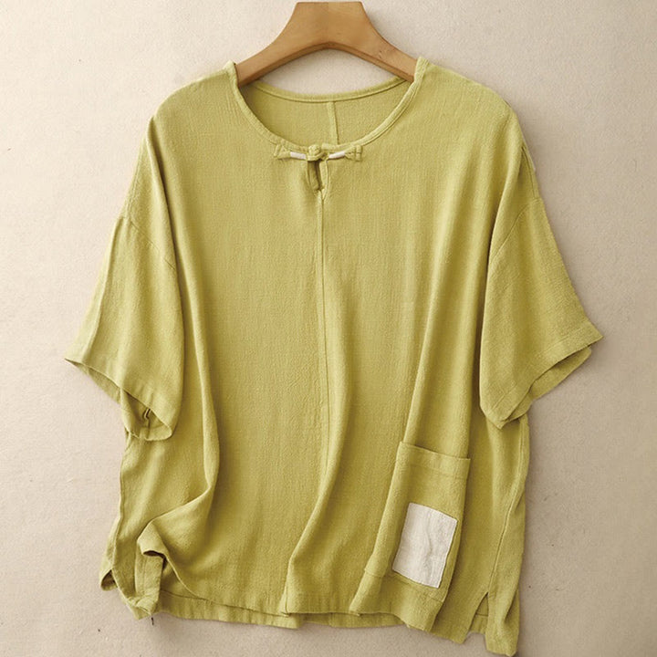 Chemise femme en coton et lin à manches mi-longues et poches, motif Buddha Stones, avec fente latérale et boutons grenouille - Kaki - US14，UK/AU18，EU46 (2XL) - image 9