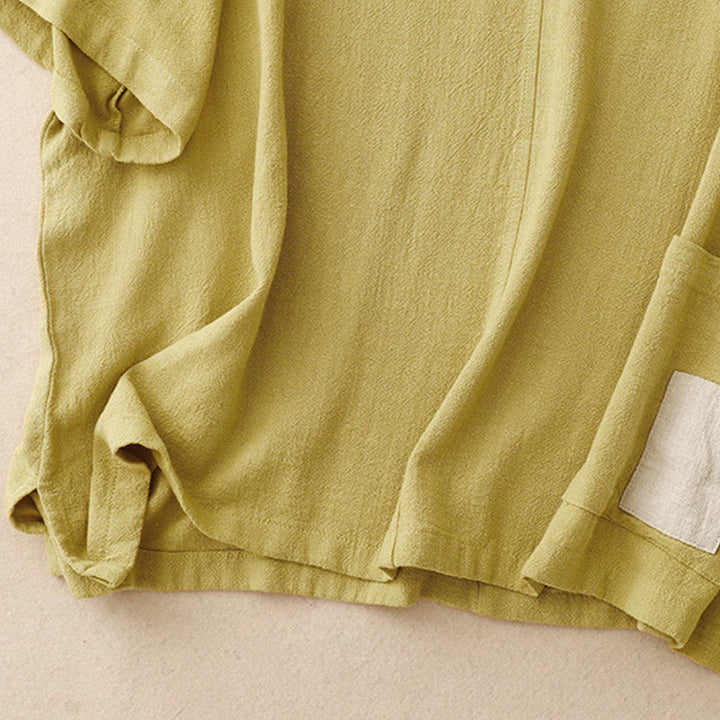 Chemise femme en coton et lin à manches mi-longues et poches, motif Buddha Stones, avec fente latérale et boutons grenouille - image 14