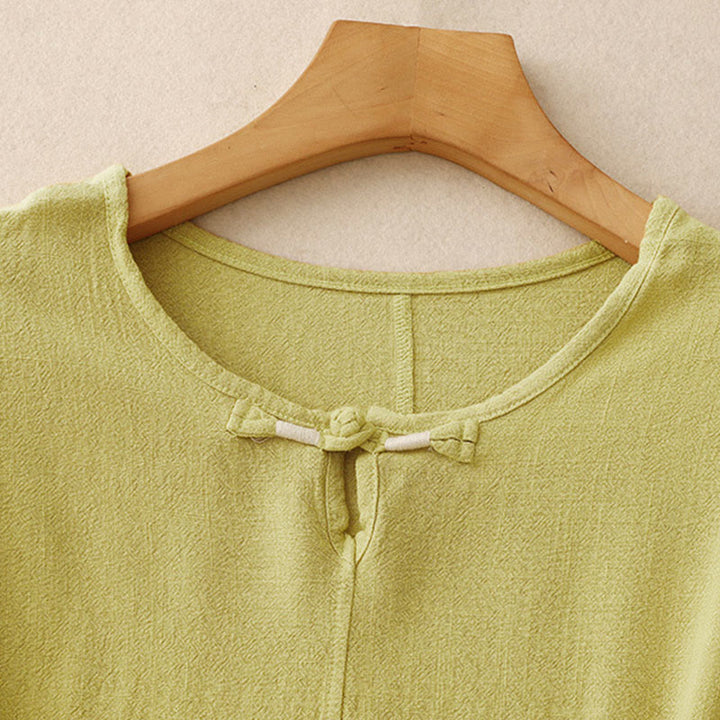 Chemise femme en coton et lin à manches mi-longues et poches, motif Buddha Stones, avec fente latérale et boutons grenouille - image 10