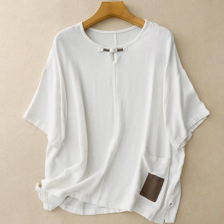 Chemise femme en coton et lin à manches mi-longues et poches, motif Buddha Stones, avec fente latérale et boutons grenouille - Blanc - US14，UK/AU18，EU46 (2XL) - image 15