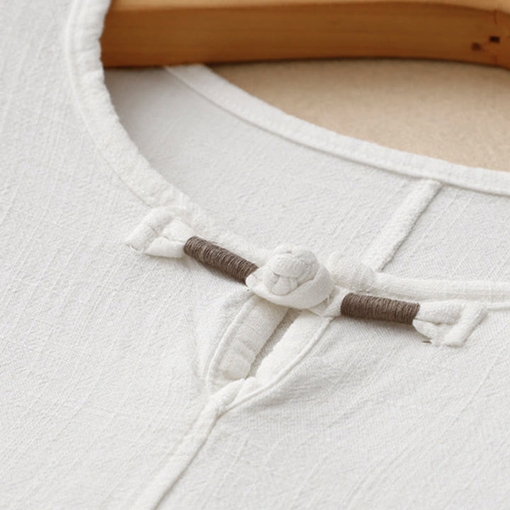 Chemise femme en coton et lin à manches mi-longues et poches, motif Buddha Stones, avec fente latérale et boutons grenouille - image 18