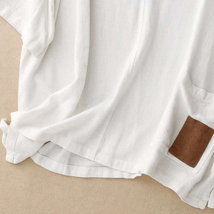 Chemise femme en coton et lin à manches mi-longues et poches, motif Buddha Stones, avec fente latérale et boutons grenouille - image 20