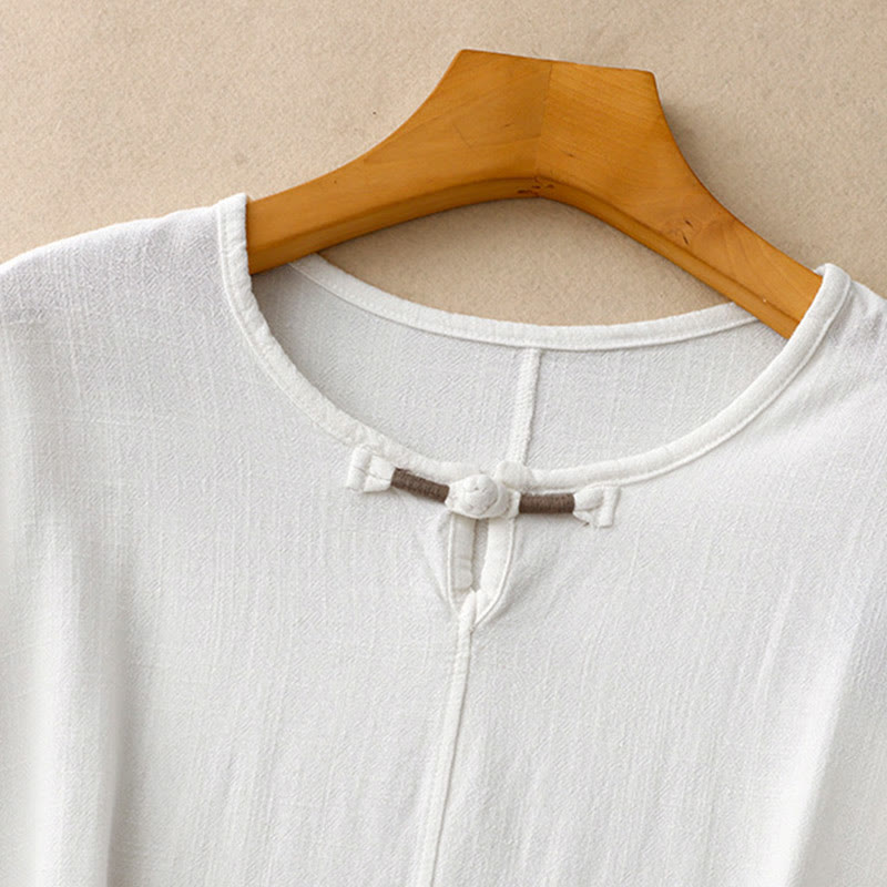 Chemise femme en coton et lin à manches mi-longues et poches, motif Buddha Stones, avec fente latérale et boutons grenouille - image 16