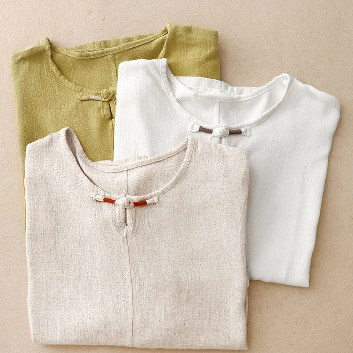 Chemise femme en coton et lin à manches mi-longues et poches, motif Buddha Stones, avec fente latérale et boutons grenouille - image 22