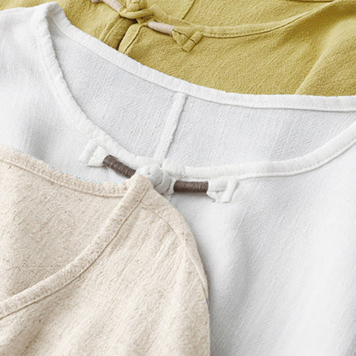 Chemise femme en coton et lin à manches mi-longues et poches, motif Buddha Stones, avec fente latérale et boutons grenouille - image 23