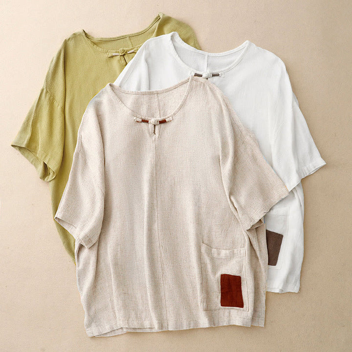 Chemise femme en coton et lin à manches mi-longues et poches, motif Buddha Stones, avec fente latérale et boutons grenouille - image 21
