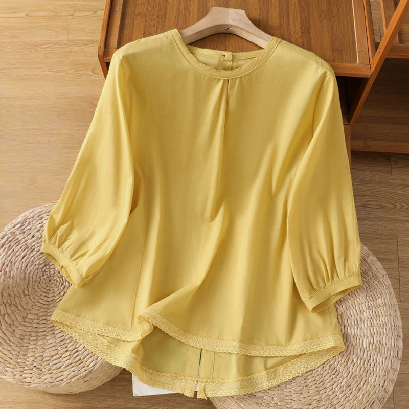 Chemise à col ras du cou en coton et lin à manches trois-quarts et simple boutonnage avec ourlet en dentelle et Buddha Stones - Kaki - US14，UK/AU18，EU46 (2XL) - image 1