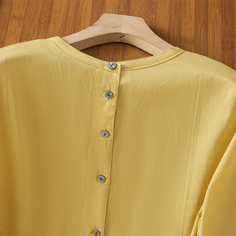 Chemise à col ras du cou en coton et lin à manches trois-quarts et simple boutonnage avec ourlet en dentelle et Buddha Stones - image 5