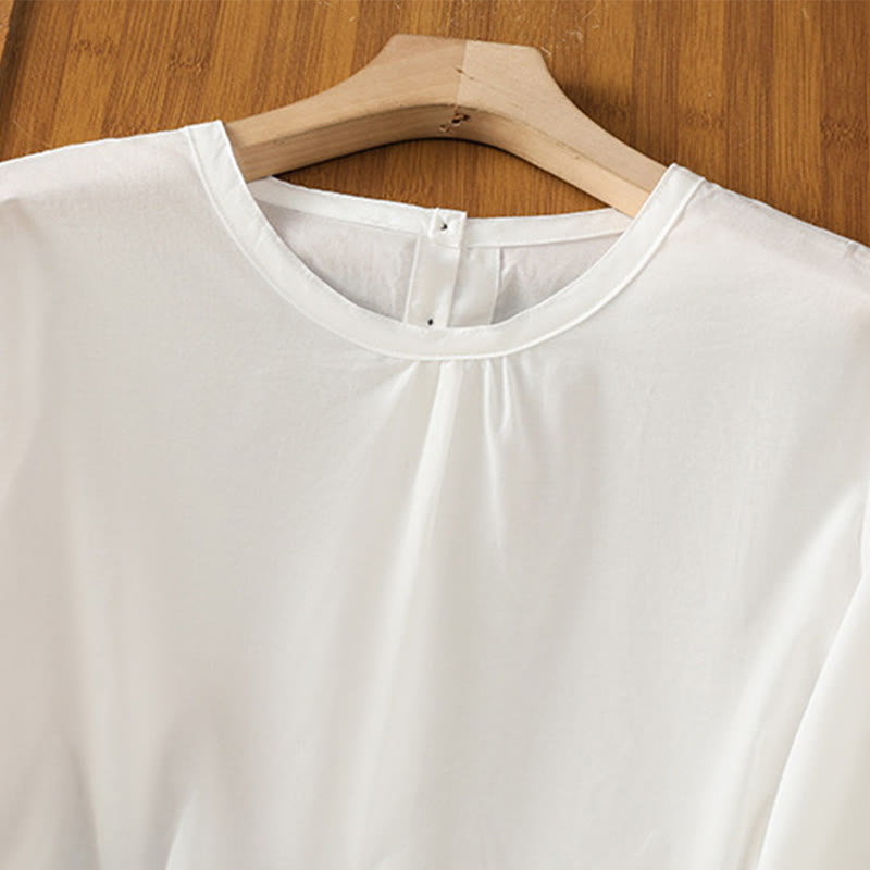 Chemise à col ras du cou en coton et lin à manches trois-quarts et simple boutonnage avec ourlet en dentelle et Buddha Stones - image 11