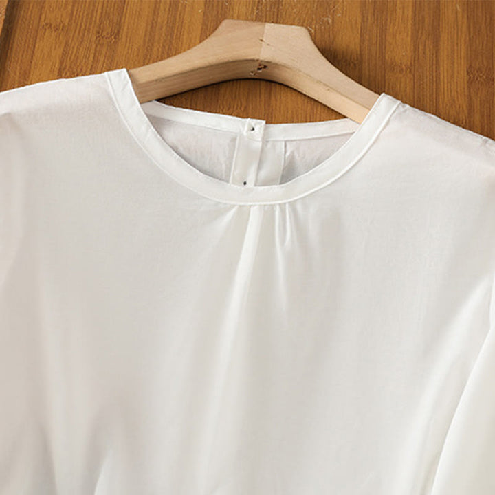 Chemise à col ras du cou en coton et lin à manches trois-quarts et simple boutonnage avec ourlet en dentelle et Buddha Stones - image 11