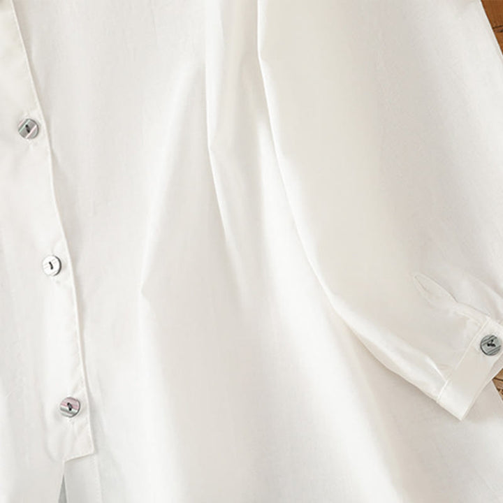 Chemise à col ras du cou en coton et lin à manches trois-quarts et simple boutonnage avec ourlet en dentelle et Buddha Stones - image 15