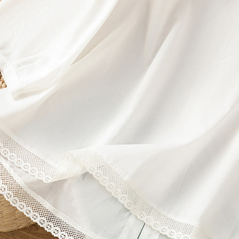 Chemise à col ras du cou en coton et lin à manches trois-quarts et simple boutonnage avec ourlet en dentelle et Buddha Stones - image 13