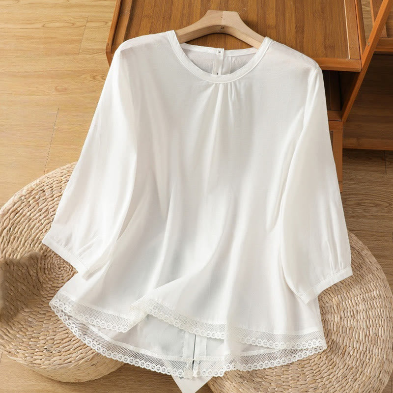 Chemise à col ras du cou en coton et lin à manches trois-quarts et simple boutonnage avec ourlet en dentelle et Buddha Stones - Blanc - US14，UK/AU18，EU46 (2XL) - image 9