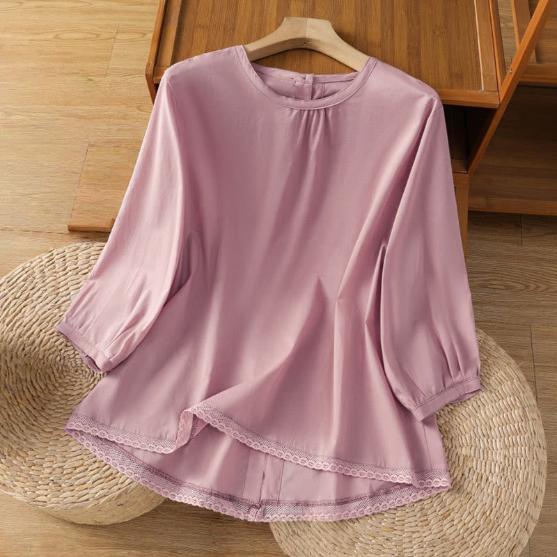 Chemise à col ras du cou en coton et lin à manches trois-quarts et simple boutonnage avec ourlet en dentelle et Buddha Stones - Prune - US14，UK/AU18，EU46 (2XL) - image 18