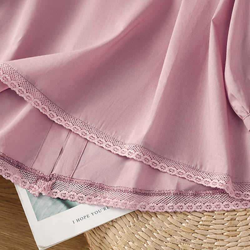 Chemise à col ras du cou en coton et lin à manches trois-quarts et simple boutonnage avec ourlet en dentelle et Buddha Stones - image 24