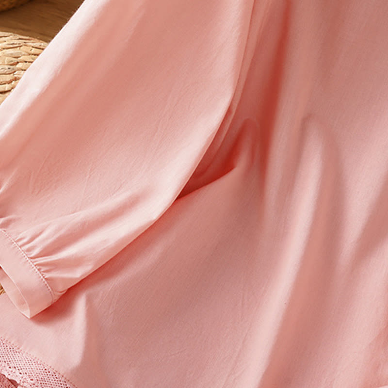 Chemise à col ras du cou en coton et lin à manches trois-quarts et simple boutonnage avec ourlet en dentelle et Buddha Stones - image 29