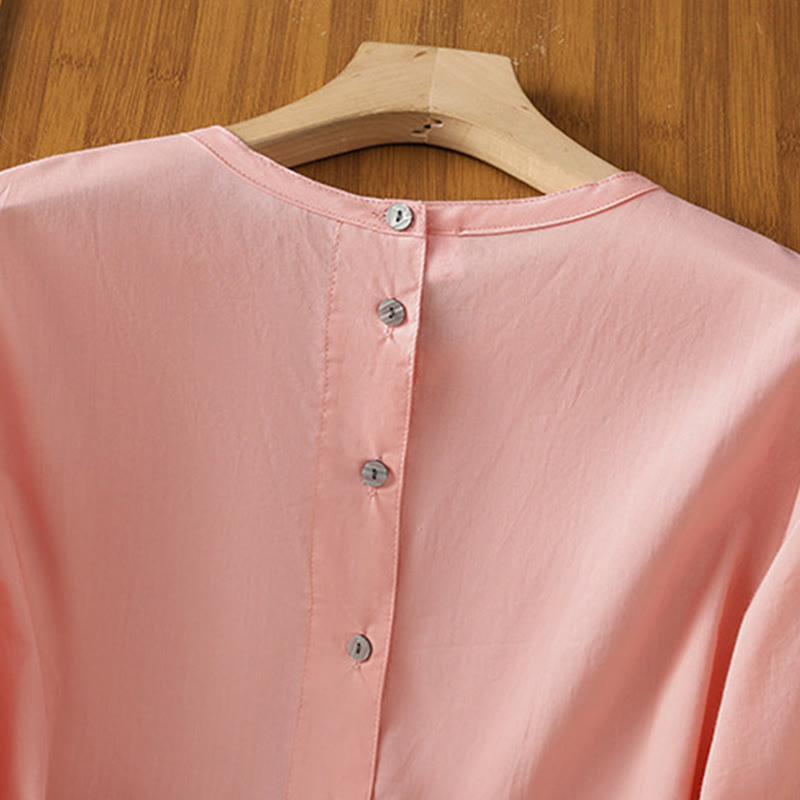 Chemise à col ras du cou en coton et lin à manches trois-quarts et simple boutonnage avec ourlet en dentelle et Buddha Stones - image 32