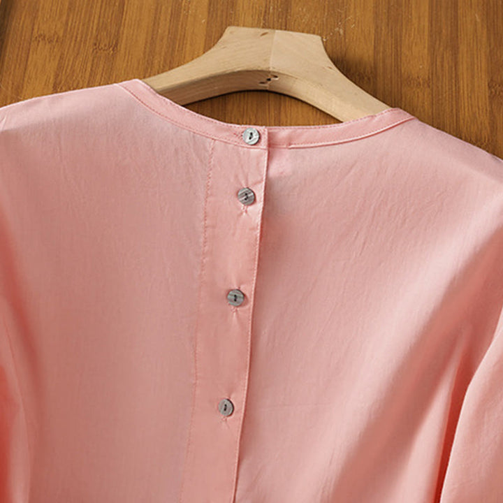 Chemise à col ras du cou en coton et lin à manches trois-quarts et simple boutonnage avec ourlet en dentelle et Buddha Stones - image 32