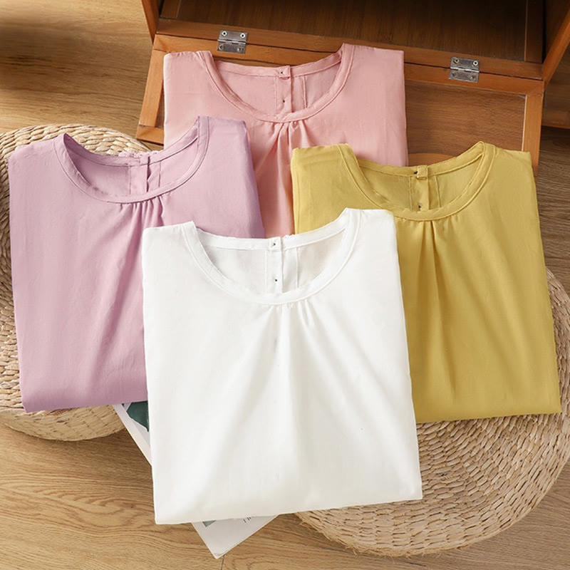 Chemise à col ras du cou en coton et lin à manches trois-quarts et simple boutonnage avec ourlet en dentelle et Buddha Stones - image 35