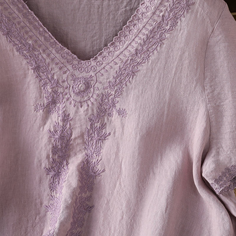 T-shirt d'été décontracté en coton et lin à manches mi-longues et col en V pour femme, motif Buddha Stones , brodé de plantes - image 5