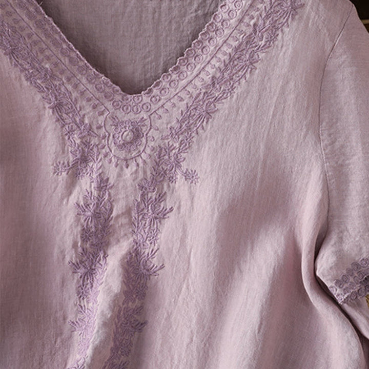 T-shirt d'été décontracté en coton et lin à manches mi-longues et col en V pour femme, motif Buddha Stones , brodé de plantes - image 5