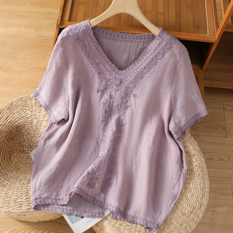 T-shirt d'été décontracté en coton et lin à manches mi-longues et col en V pour femme, motif Buddha Stones , brodé de plantes - Prune - US14，UK/AU18，EU46 (2XL) - image 1