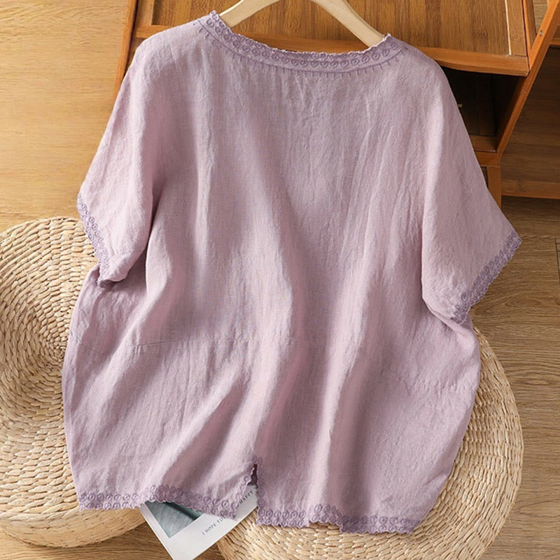 T-shirt d'été décontracté en coton et lin à manches mi-longues et col en V pour femme, motif Buddha Stones , brodé de plantes - image 2
