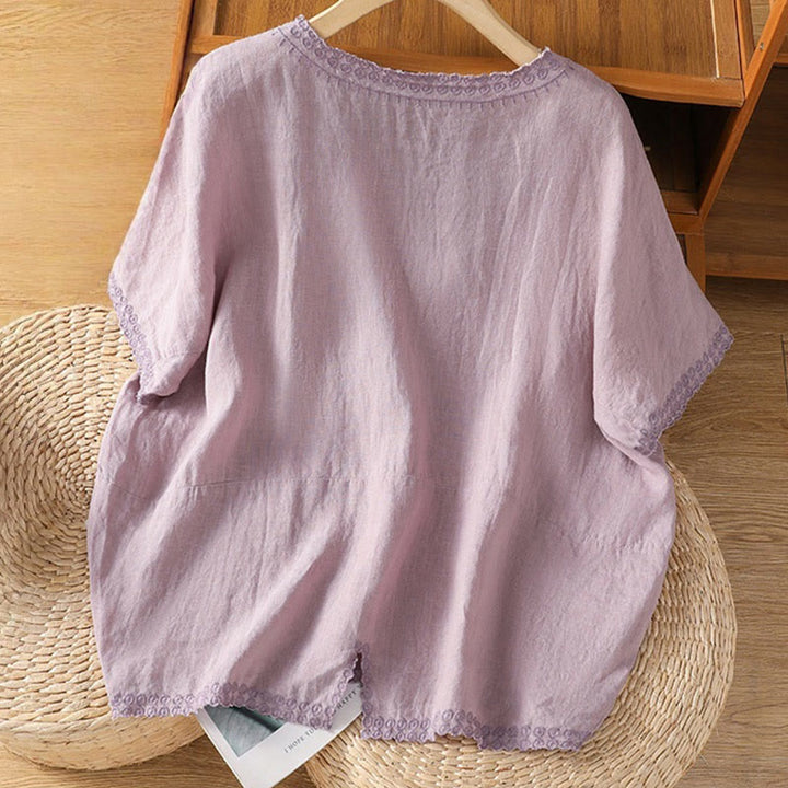 T-shirt d'été décontracté en coton et lin à manches mi-longues et col en V pour femme, motif Buddha Stones , brodé de plantes - image 2