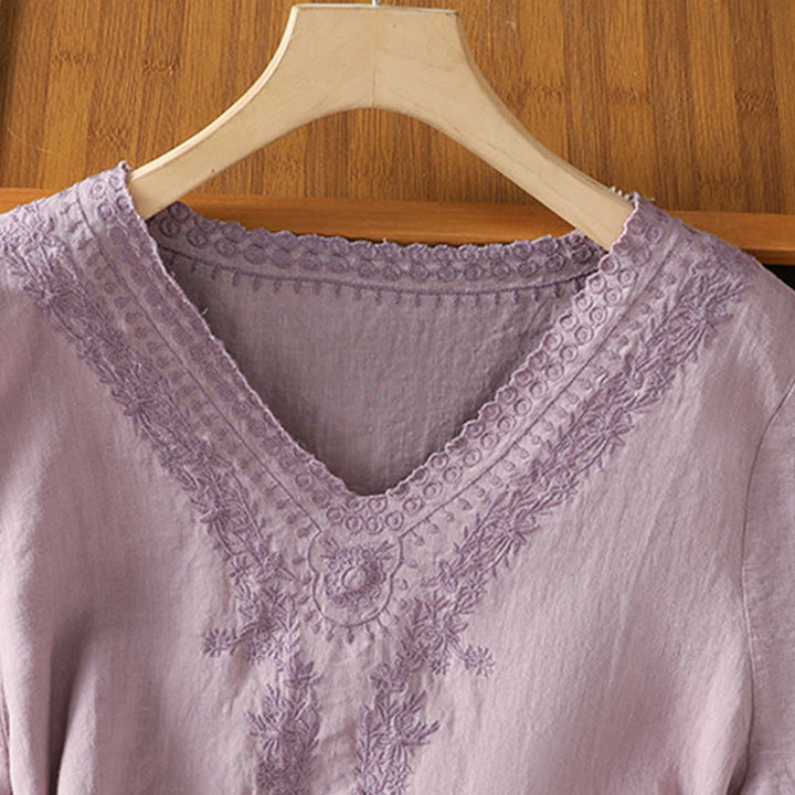 T-shirt d'été décontracté en coton et lin à manches mi-longues et col en V pour femme, motif Buddha Stones , brodé de plantes - image 3