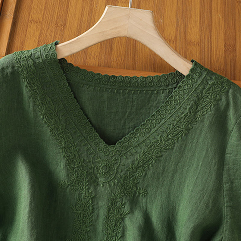T-shirt d'été décontracté en coton et lin à manches mi-longues et col en V pour femme, motif Buddha Stones , brodé de plantes - image 10