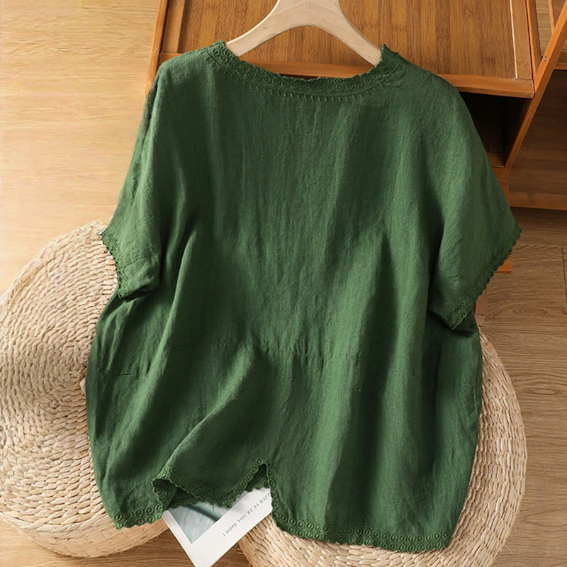 T-shirt d'été décontracté en coton et lin à manches mi-longues et col en V pour femme, motif Buddha Stones , brodé de plantes - image 9