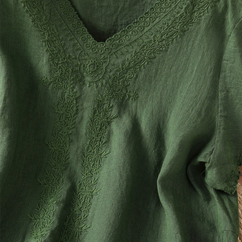 T-shirt d'été décontracté en coton et lin à manches mi-longues et col en V pour femme, motif Buddha Stones , brodé de plantes - image 13