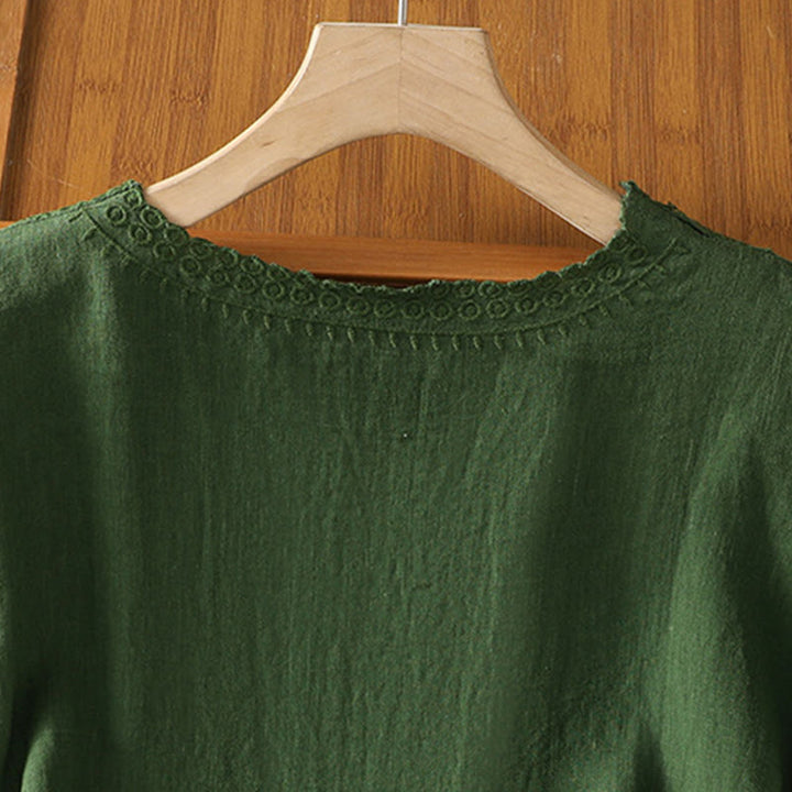 T-shirt d'été décontracté en coton et lin à manches mi-longues et col en V pour femme, motif Buddha Stones , brodé de plantes - image 11