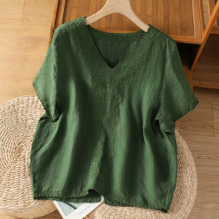 T-shirt d'été décontracté en coton et lin à manches mi-longues et col en V pour femme, motif Buddha Stones , brodé de plantes - Vert - US14，UK/AU18，EU46 (2XL) - image 8